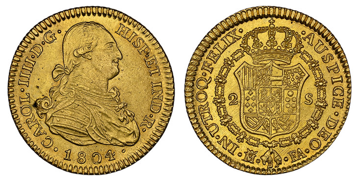 1075747 SPAIN. Charles IV. 1804-(Crowned M) FA AV 2 Escudos. NGC MS63.  Madrid. CAROL · IIII · D · G · HISP · ETIND · R ·. Bust right / IN · UTROQ · FELIX... Crowned arms in order chain. KM 435.1; Calico 347.

Please use this link to verify the NG...
