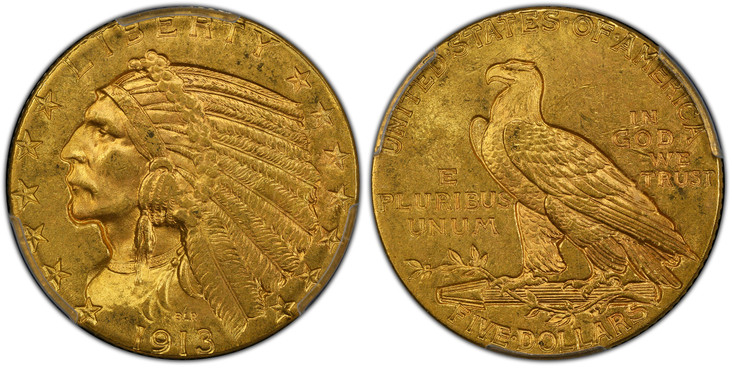 1078705 UNITED STATES OF AMERICA. 1913 AV $5, Half Eagle. PCGS MS63 CAC.  By Bela Lyon Pratt. U.S. Mint, Philadelphia. LIBERTY. Incuse design of Native American wearing feather headress, left; stars in the legends to either side / E PLURIBUS UNUM ...