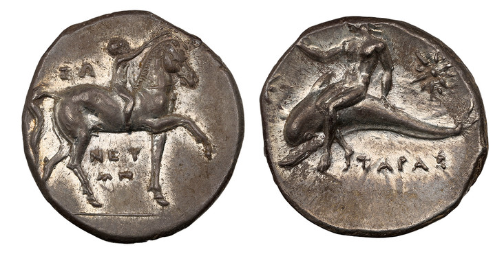 1084995 GREEK. CALABRIA. Tarentum (Taras). Struck circa 281-240 BC. AR Didrachm. NGC Ch. AU (Choice About Uncirculated) Strike 4/5 Surface 4/5 Fine Style.  6.56gm. Naked ephebe on pacing horse right, crowning horse's head with wreath; ΣΛ monogram ...