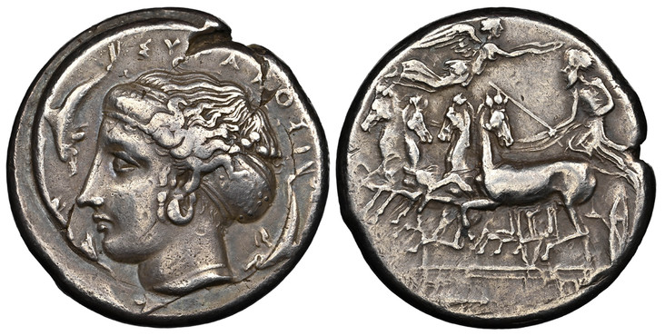 1084935 GREEK. SICILY. Syracuse. Dionysios I. (Tyrant, 407-367 BC). Struck circa 405-395 BC. AR Tetradrachm. NGC VF (Very Fine) Strike 4/5 Surface 4/5 Fine Style, Flan flaw.  24.5mm. 17.18gm. [ΣΥΡΑΚΟΣΙΩΝ]. Wreathed head of Arethusa left; hair in o...