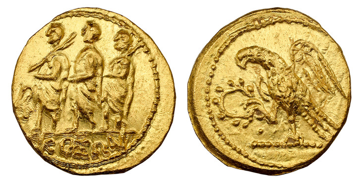 1084609 GREEK. THRACIAN DYNASTS. Coson (Koson/Cotison). Struck after 54 BC. AV Stater. NGC Ch. MS (Choice Mint State) Strike 4/5 Surface 5/5 Die shift.  Sarmatia, Olbia. 8.41gm. Roman consul (L. Junius Brutus) walking left, accompanied by two lict...