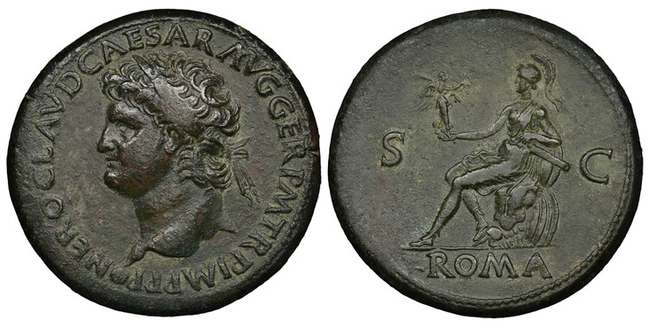 1084946 ROMAN IMPERIAL.  Nero. (Emperor, 54-68 AD). Struck circa 65 AD. AE Sestertius. NGC Ch. VF (Choice Very Fine) Strike 5/5 Surface 4/5.  Lugdunum. 25.93gm. Laureate bust, left / ROMA. Roma seated on helmet and cuirass (armor breastplate) hold...
