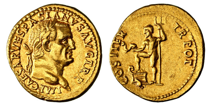 1084610 ROMAN IMPERIAL.  Vespasian. (Emperor, 69-79 AD). Struck 69-79 AD. AV Aureus. NGC Ch. XF (Choice Extremely Fine) Strike 5/5 Surface 4/5.  Lugdunum. 20mm. 7.33gm. IMP CAESAR VESPASIANVS AVG TR P. Head of Vespasian, laureate, right / COS ITER...
