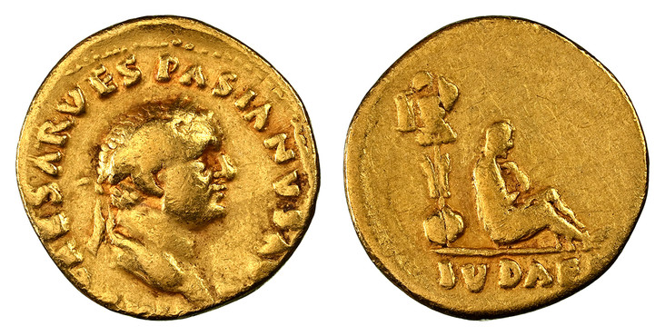 1084611 ROMAN IMPERIAL.  Vespasian. (Emperor, 69-79 AD). Struck 69-79 AD. AV Aureus. NGC Ch. F (Choice Fine) Strike 4/5 Surface 4/5.  Rome. 18mm. 6.71gm. IMP CAESAR VESPASIANVS AVG. Head of Vespasian, laureate, right / IVDAEA. Military trophy with...