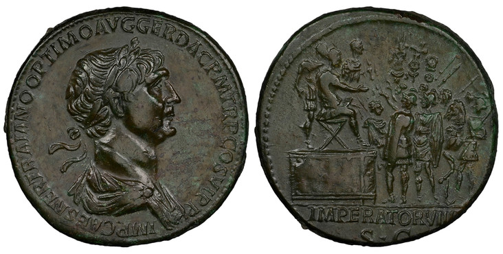 1084950 ROMAN IMPERIAL.  Trajan. (Emperor, 98-117 AD). Struck 114-117 AD. AE Sestertius. NGC Ch. VF (Choice Very Fine) Strike 5/5 Surface 4/5 Fine Style.  Rome. 33mm. 25.79gm. IMP CAES NER TRAIANO OPTIMO AVG GER DAC P M TR P COS VI P P. Laureate b...