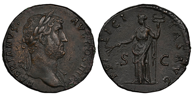 1084952 ROMAN IMPERIAL.  Hadrian. (Emperor, 117-138 AD). Struck 117-138 AD. AE Sestertius. NGC Ch. XF (Choice Extremely Fine) Strike 5/5 Surface 3/5 Fine Style.  Rome. 26.67gm. HADRIANVS AVG COS III P P. Laureate draped bust, right / FELICITAS AVG...
