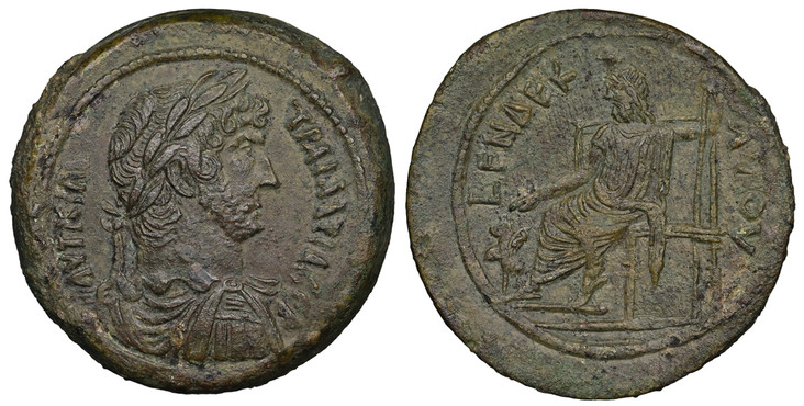 1084953 ROMAN IMPERIAL.  Hadrian. (Emperor, 117-138 AD). Struck 126-127 AD. AE Drachm. NGC AU (About Uncirculated) Strike 5/5 Surface 4/5.  Alexandria. 26.72gm. AVT KAI – TRAI AΔΡΙΑ CEB. Laureate, draped and armored bust, right / LENΔEK – ATOV. Se...