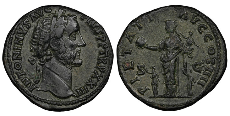 1084954 ROMAN IMPERIAL.  Antoninus Pius. (Emperor, 138-161 AD). Struck 159-160 AD. AE Sestertius. NGC Ch. VF (Choice Very Fine) Strike 4/5 Surface 3/5.  20.95gm. ANTONINVS AVG PIVS P P TR P XXIII. Laureate head, right / PIETATI AVG COS IIII. Pieta...