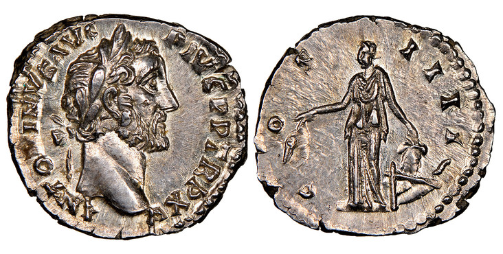 1086367 ROMAN IMPERIAL.  Antoninus Pius. (Emperor, 138-161 AD). Struck 151-152 AD. AR Denarius. NGC MS✭ (Mint State ✭) Strike 5/5 Surface 5/5.  Rome. 17mm. 3.48gm. ANTONINVS AVG PIVS P P TR P XV. Head of Antoninus Pius, laureate, right / COS IIII....