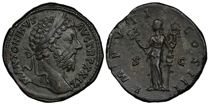 1084955 ROMAN IMPERIAL.  Marcus Aurelius. (Emperor, 161-180 AD). Struck 175 AD. AE Sestertius. NGC Ch. XF (Choice Extremely Fine) Strike 4/5 Surface 5/5.  24.57gm. M ANTONINVS – AVG TRP XXIX.  Laureate head ,right / IMP V II – COS III// S – C. Fid...