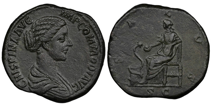 1084956 ROMAN IMPERIAL.  Bruttia Crispina. (Empress, 178-191). Struck 177-192 AD. AE Sestertius. NGC Ch. XF (Choice Extremely Fine) Strike 4/5 Surface 3/5.  Rome. 24.30gm. Draped bust, right / SALVS/ S - C in exergue. Salus seated left, left elbow...