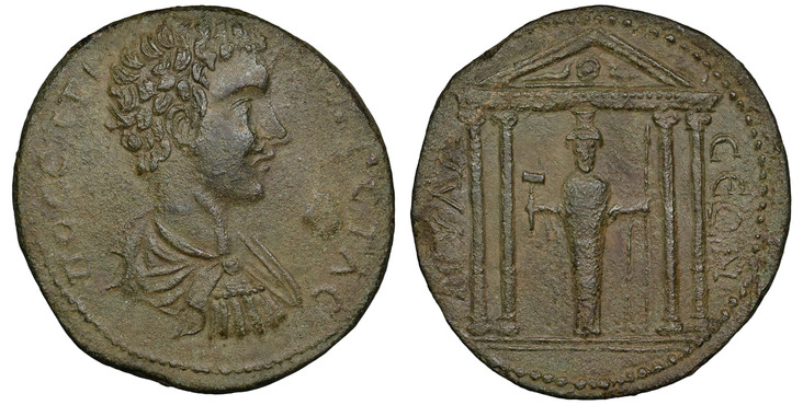 1084958 ROMAN IMPERIAL.  Geta. (Caesar, 198-209 AD). Struck 209-211 AD. AE 36 (Medallion). NGC AU (About Uncirculated) Strike 4/5 Surface 4/5.  Caria, Mylasa. 29.60gm. ΠO CЄΠTIMIOC ΓЄTAC. Bare head, draped and cuirassed bust, right / MVΛA – CЄΩN. ...