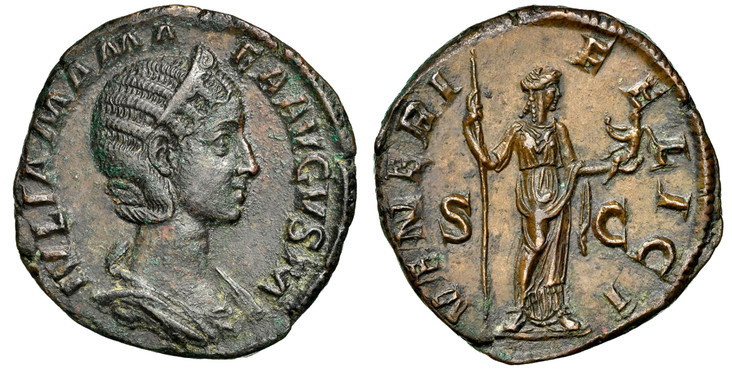 1084959 ROMAN IMPERIAL.  Julia Mamaea. (Mother of Severus Alexander, 222-235 AD). Struck 224. AE Sesteritius. NGC AU (About Uncirculated) Strike 5/5 Surface 3/5.  17.64gm. Diademed and draped bust, right / VENERI FELICI// S - C. Venus standing rig...