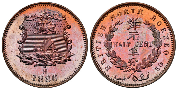 1084020 BRITISH NORTH BORNEO. 1886-H AE 1/2 Cent. NGC SP67RB (Red-Brown).  Heaton, Birmingham. Denomination within wreath / National arms, date below. KM 1.

Currently the finest known at NGC as of September 2025

Please use this link to verify th...