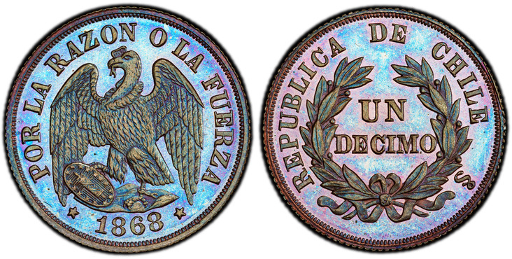 1084617 CHILE. 1868 CU Pattern Decimo. PCGS SP66BN (Brown).  By James B. Longacre and Anthony Paquet. Eagle standing with wings spread; looking to left and date in exergue / Denomination within wreath. KM Pn14 (cf. KM 136.2).

Presented to Santiag...