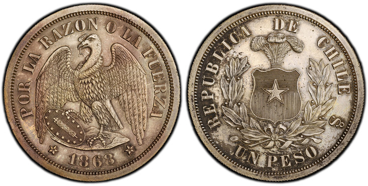 1084618 CHILE. 1868-So Silvered Copper Pattern Peso. PCGS SP61.  By James B. Longacre and Anthony Paquet. Santiago. Eagle standing with wings spread; looking to left and date in exergue / Plumed shield of arms within wreath; denomination in exergu...