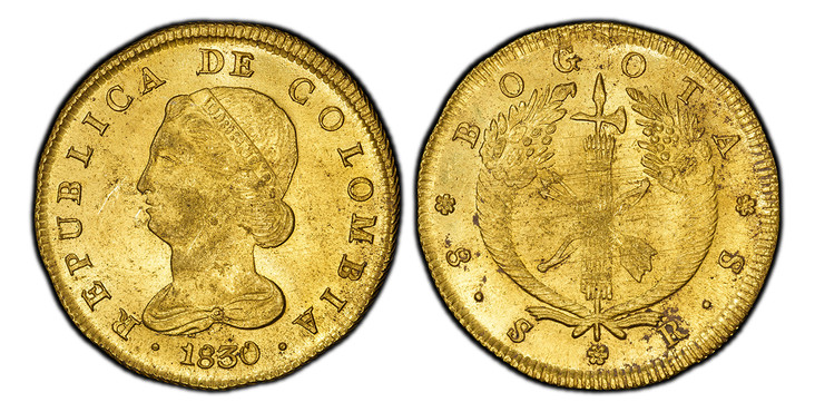 1085341 COLOMBIA. 1830 RS AV 8 Escudos. PCGS MS63.  Bogota. Head left / Fasces between cornucopias. KM 82.1; Fr.-67; Restrepo 165.19.

Please use this link to verify the PCGS certification number <a href="http://www.pcgs.com/cert/42722111/">427221...
