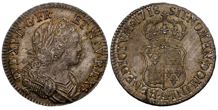 1086185 FRANCE. Louis XV le Bien-Aimé, the Well-Beloved. (King, 1715–1774). 1718-A AR Ecu. NGC MS64.  Paris. LVD · XV · D · G · FR · ET · NAV · REX. Laureate armored young bust right / SIT · NOMEN · DOMINI · BENEDICTUM. Crowned quartered arms of F...