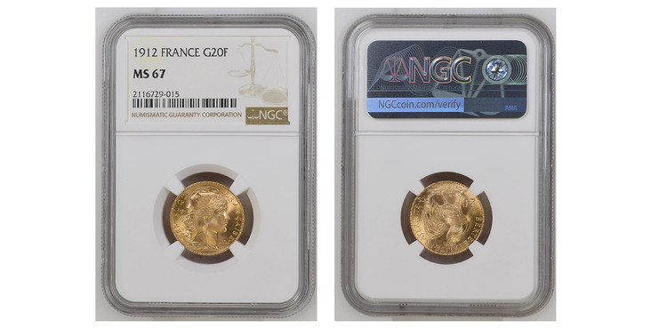 1084029 FRANCE. Third Republic. (1870-1940). 1912 AV 20 Francs. NGC MS67.  Paris Mint. Edge: LIBERTE EGALITE FRATERNITE. Oak leaf wreath encircles liberty head right / Rooster divides denomination, date below. KM 857; Gad.-1064a.

Please use this ...