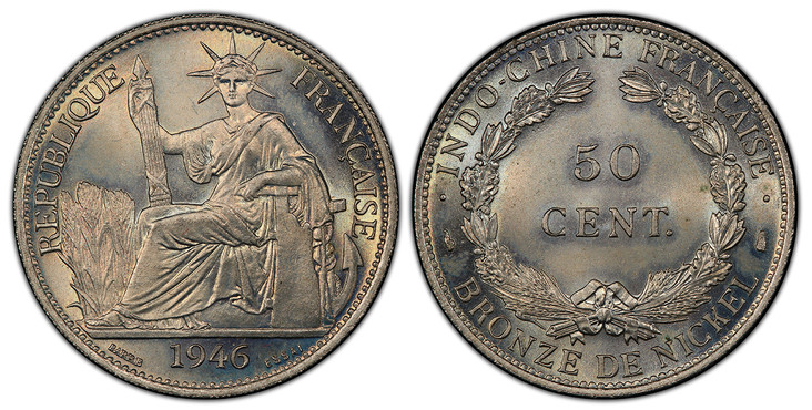 1084876 FRENCH INDO-CHINA. 1946-(a) Copper-Nickel Essai 50 Cents. PCGS SP67.  Paris. Liberty seated, date below / BRONZE DE NICKEL. Denomination within wreath. KM E41; Lecompte 264.

Please use this link to verify the PCGS certification number <a ...