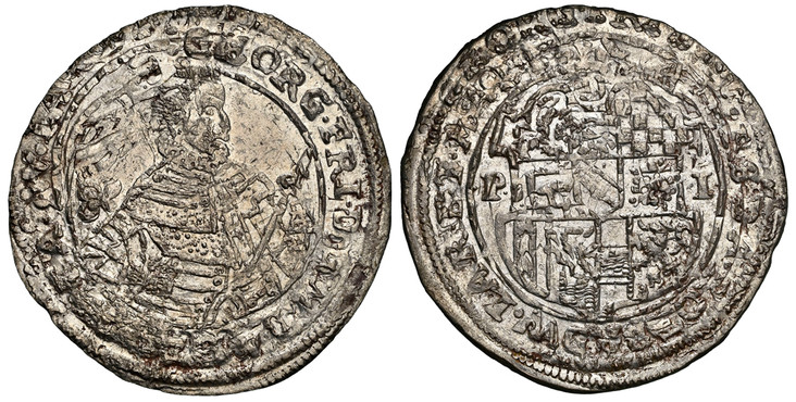 1082825 GERMAN STATES. Baden. Georg Friedrich. (Margrave of Baden-Durlach, 1604-1622). (1604-1622) ND-•P• •I• AR Kipper 12 Kreuzer (Dreibätzner). NGC MS61.  Pforzheim. 4.70gm. Armored half-length bust with scepter, right / Shield of arms divides P...