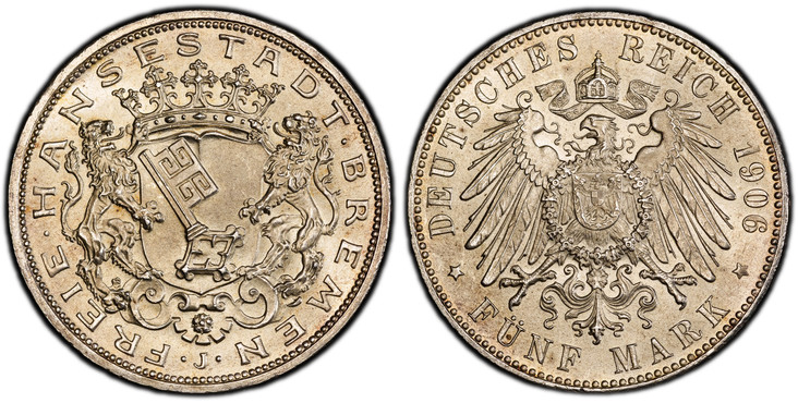 1083771 GERMAN STATES. Bremen. 1906 J AR 5 Mark. PCGS MS66.  Edge: GOTT MIT UNS. Key on crowned shield with supporters / Crowned imperial eagle, shield on breast, date at right, denomination below. KM 251; Jaeger 60.

Please use this link to verif...