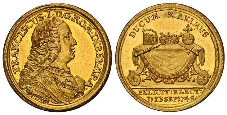 1084792 GERMAN STATES. Frankfurt Am Main. Franz I. 1745 AV Ducat. NGC MS63.  By Johann Leonard Öxlein. Edge: Plain. 3.49gm. FRANCISCUS I. D. G. ROM. IMP. SEMP. A. Bust, right; laureate, I.L. OE on truncation / DUCUM MAXIMUS. Royal regalia on drape...