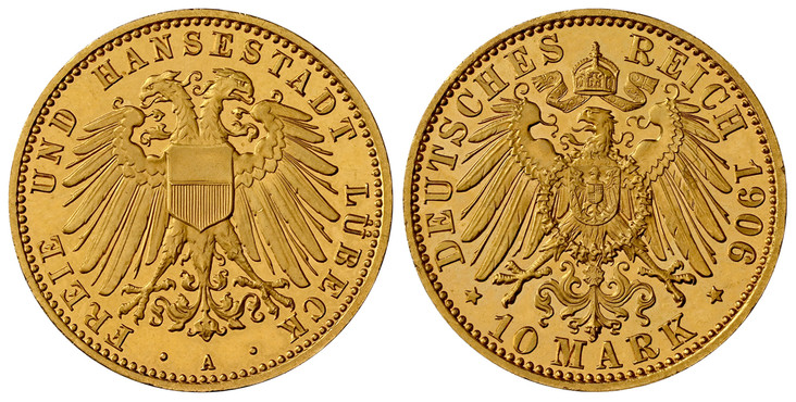 1085360 GERMAN STATES. Lubeck. 1906-A AV 10 Mark. NGC PR68 Cameo.  Berlin. Edge: ~ * ~. Double imperial eagle with divided shield on breast / Crowned imperial eagle, shield on breast. KM 214. Proof; Jaeger 228.

The finest known at NGC as of Novem...