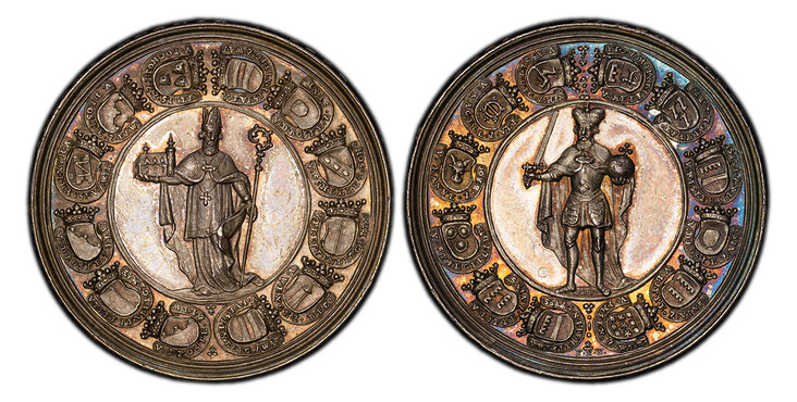 1083801 GERMAN STATES. Paderborn. Sede Vacante. 1719 AR Medal. PCGS MS62.  By P.P. Werner. Edge: * CAPITVL · CATHED · PADERBORNENSE · SEDE · VACANTE · 1719 · *. 44.7mm. 29.13gm. S. Liborius standing facing, head lowered slightly right, holding cat...