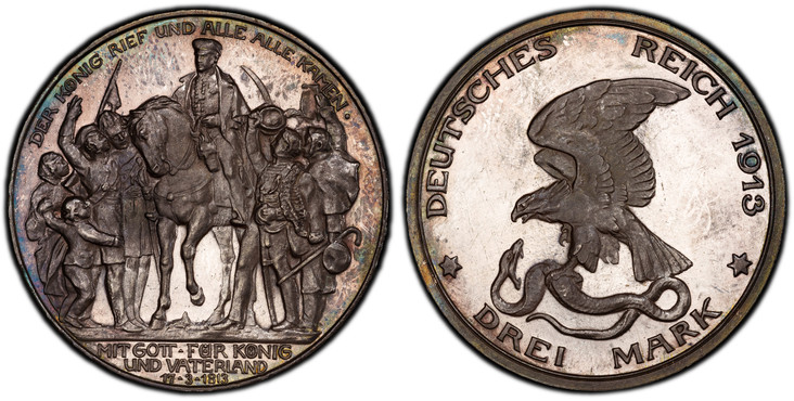 1083848 GERMAN STATES. Prussia. Wilhelm II. 1913-A AR 3 Mark. PCGS PR65.  Berlin. Edge: GOTT MIT UNS. DEUTSCHES REICH 1913 * DREI MARK *. Eagle with snake in talons, denomination below / DER KONIG RIEF UND ALLE ALLE KAMEN • // MITT GOTT • FUR KONI...