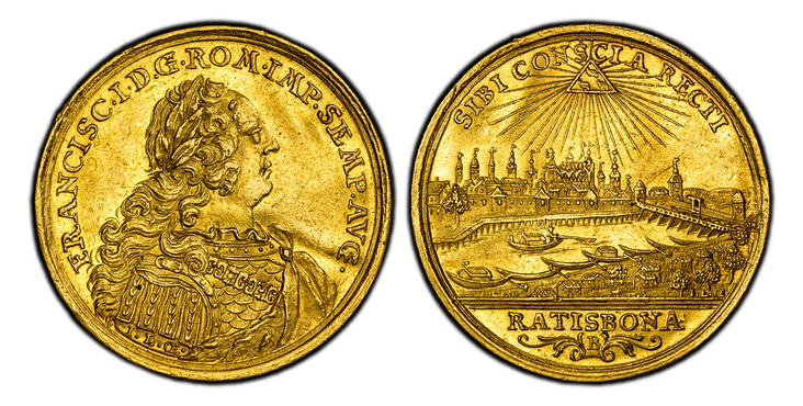 1085519 GERMAN STATES. Regensburg. Francis I. (1745-65) I.L.OE. AV Ducat. PCGS AU58.  By Johann Leonhard Oexlein. 3.49gm. FRANCISC · - I · D · G · ROM · IMP · SEMP  · AVG ·. Armored laureate bust, right / City view. KM 306; Fr.-2538; Beckenbauer 4...