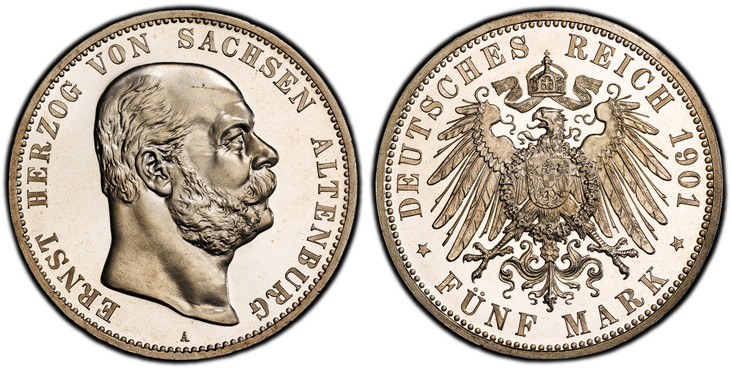 1085128 GERMAN STATES. Saxe-Altenburg. Ernst I. 1901-A AR 5 Mark. PCGS PR66 Cameo.  Berlin. Edge: GOTT MIT UNS. Head right / Crowned imperial eagle with shield on breast. KM 38. Proof; Jaeger 143.

Struck to commemorate Ernst's 75th Birthday. From...