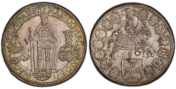 1083745 GERMAN STATES. Teutonic Order. Maximilian. (Grandmaster of the Teutonic Order & Archduke of Austria, 1612-1618). 1613/2 AR Thaler, 32 Groschen. PCGS MS63.  Hall. 28.52gm. Archduke standing and cloaked in full armor facing forward wearing c...
