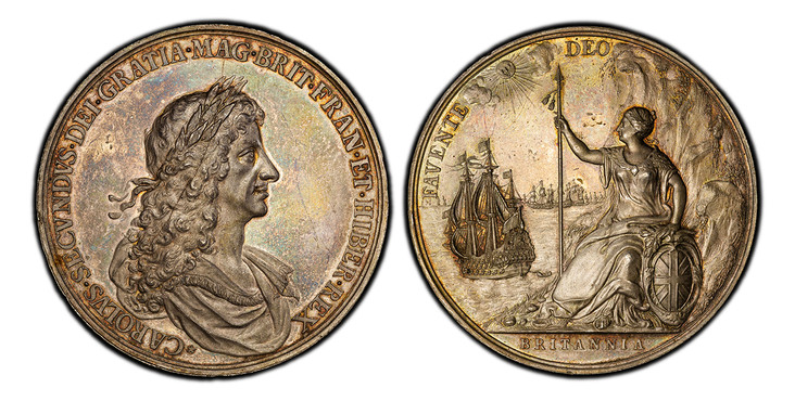 1083762 GREAT BRITAIN. England. Charles II, Peace of Breda. (1667) AR Medal. PCGS MS62.  By J. Roettiers. Edge: (rose) + (rose) CAROLVS (star) SECVNDVS (star) PACIS (star) ET (star) IMPERII (star) RESTITVOR (star) AVGVSTVS (Charles II, august rest...