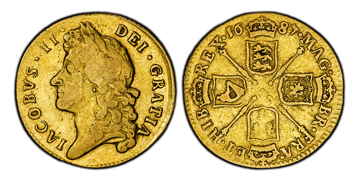 1085529 GREAT BRITAIN. England. James II. (King, 1685-88). 1687 AV Guinea. PCGS VF25.  Second laureate bust of James II left / Crowned cruciform shields, scepters in angles. KM 459.1; SCBC-3402; Fr.-295.

Please use this link to verify the PCGS ce...