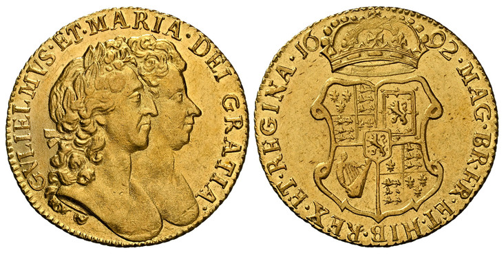 1086270 GREAT BRITAIN. England. William and Mary. (Monarchs, 1689-1694). 1692 AV Guinea. NGC MS62.  Conjoined heads of William and Mary right / Crowned shield of arms. KM 474.1; SCBC-3426; Fr.-303.

Described as follows in The Millennia Collection...