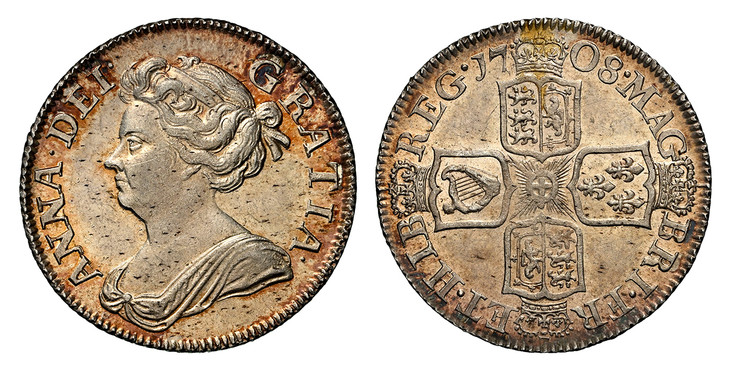 1080548 GREAT BRITAIN. Anne. (Queen, 1702-1714). 1708 AR Shilling. NGC MS64.  ANNA · DEI · - GRATIA ·. Third bust left / MAG - BR · FRA - ET · HIB - REG ·. Crowned shield in cruciform. KM 523.1; SCBC-3610; ESC-1399; (Prev. ESC-1147).

Please use t...
