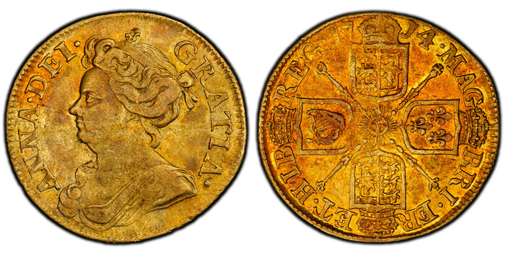 1083846 GREAT BRITAIN. Anne. (Queen, 1702-1714). 1714 AV Guinea. PCGS Genuine - AU Details Cleaned.  ANNA · DEI · - GRATIA ·. Third bust left / MAG - BRI · FR - ET · HIB - REG ·. Crowned shields in cruciform, sceptres at angles. KM 534; SCBC-3574;...
