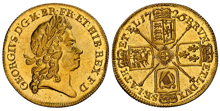 1086273 GREAT BRITAIN. George I. 1726 AV Two Guineas. NGC MS64PL (Prooflike).  GEORGIUS · D · G · M · BR · FR · ET · HIB · REX · F · D ·. Laureate head right / BRVN - ET · L · DVX - S · R · I · A · TH - ET · EL ·. Crowned shields in cruciform, sce...