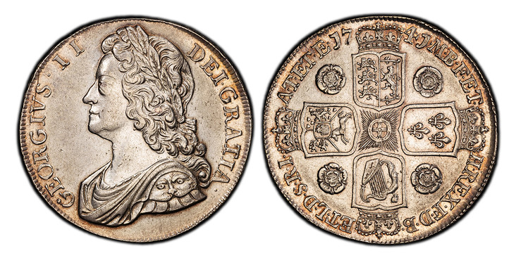 1086032 GREAT BRITAIN. George II. (King, 1727-1760). 1741 AR Crown. PCGS AU55.  GEORGIVS · II · - DEI · GRATIA ·. Laureate bust left / F · D · B · - ET · L · D · S · R · I · - A · T · ET · E · - M · B · F · ET · - H · REX ·. Roses between shields....