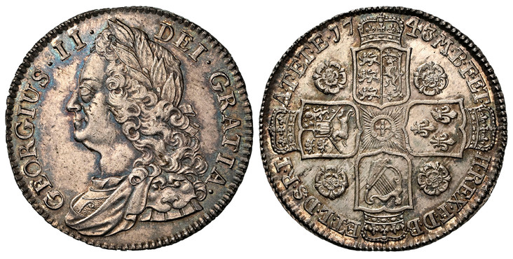 1086250 GREAT BRITAIN. George II. (King, 1727-1760). 1743 AR Halfcrown. NGC MS63.  GEORGIUS · II · - DEI · GRATIA ·. Older laureate head left / F · D · B · - ET · L · D · S · R · I · - A · T · ET · E · - M · B · F · ET · - H · REX ·. Roses in angl...
