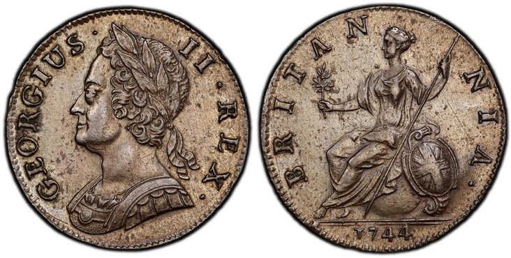 1084517 GREAT BRITAIN. George II. (King, 1727-1760). 1744 CU Halfpenny. PCGS Genuine - UNC Details Cleaned.  GEORGIUS · - II · REX ·. Older laureate head left / BRITAN - NIA ·. Brittania seated left. KM 579.1; SCBC-3718.

Please use this link to v...
