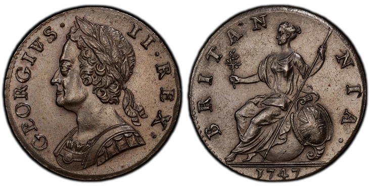 1084518 GREAT BRITAIN. George II. (King, 1727-1760). 1747 CU Halfpenny. PCGS MS63BN (Brown).  GEORGIVS · - II · REX ·. Laureate bust left / BRITAN - NIA ·. Brittania seated left. KM 579.20000000000005; SCBC-3719 (GEORGIVS).

Please use this link t...