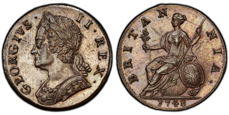 1084519 GREAT BRITAIN. George II. (King, 1727-1760). 1748 CU Halfpenny. PCGS MS63BN (Brown).  GEORGIVS · - II · REX ·. Laureate bust left / BRITAN - NIA ·. Brittania seated left. KM 579.2; SCBC-3719 (GEORGIVS).

Please use this link to verify the ...
