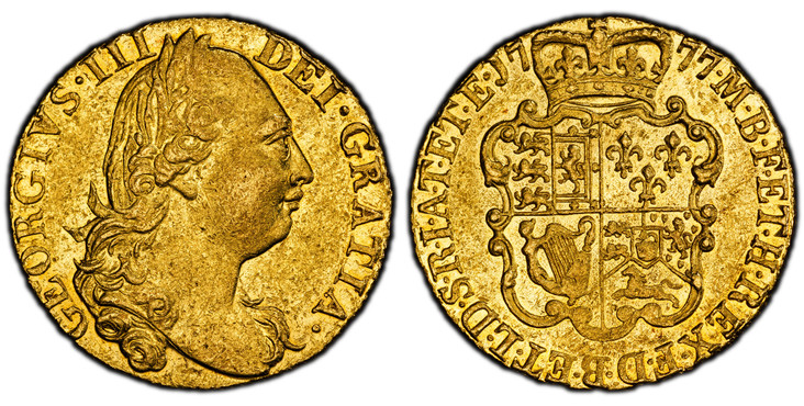 1084736 GREAT BRITAIN. George III. 1777 AV Guinea. PCGS AU53.  Tower (London) mint. 25.5mm. 8.36gm. GEORGIVS · III - DEI · GRATIA ·. Fourth laureate head, right / F · D · B · ET · L · D · S · R · I · A · T · ET · E · - M · B · F · ET · H · REX ·. ...