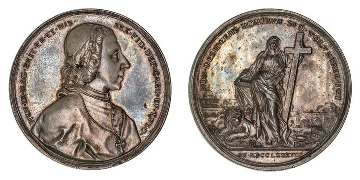 1084779 GREAT BRITAIN. George III. (King, 1760-1820). MDCCLXXXVIII (1788) AR Medal. NGC MS63.  By G. Hamerani. 54mm. 62.97gm. HEN •IX • MAG • BRIT • FR • ET • HIB • REX • FID • DEF • CARD • EP • TVSC •. Bust of the cardinal to the right in clerica...