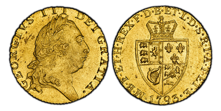 1085534 GREAT BRITAIN. George III. (King, 1760-1820). 1793 AV Guinea. PCGS AU58.  GEORGIVS III DEI GRATIA ·. Laureate head right / F · D · B · ET · L · D · S · R · I · A · T · ET · E · - M · B · F · ET · H · REX ·. Crowned 4-fold spade arms. KM 60...