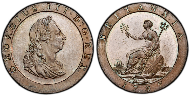 1084212 GREAT BRITAIN. George III. (King, 1760-1820). 1797-SOHO CU Penny. PCGS MS64BN (Brown).  By C. H. Kuchler. Birmingham. Edge: Plain. GEORGIUS III · D : G · REX ·. Laureate and draped bust right, 10-leaves in wreath, ribbon tie points outward...