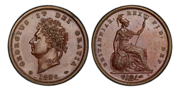 1086037 GREAT BRITAIN. George IV. (King, 1820-1830). 1826 CU Penny. PCGS PR63BN (Brown).  GEORGIUS. IV DEI GRATIA. Laureate head left / BRITANNIAR: REX FID: DEF:. Britannia seated right. KM 693. Proof; SCBC-3823.

Please use this link to verify th...