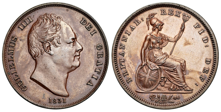 1086263 GREAT BRITAIN. William IV. (King, 1830-1837). 1831 Bronzed Copper Penny. NGC PF64BN (Brown).  Head right / Britannia seated right. KM 707a. Proof; SCBC-3845 (Coin rotation).

Please use this link to verify the NGC certification number <a h...